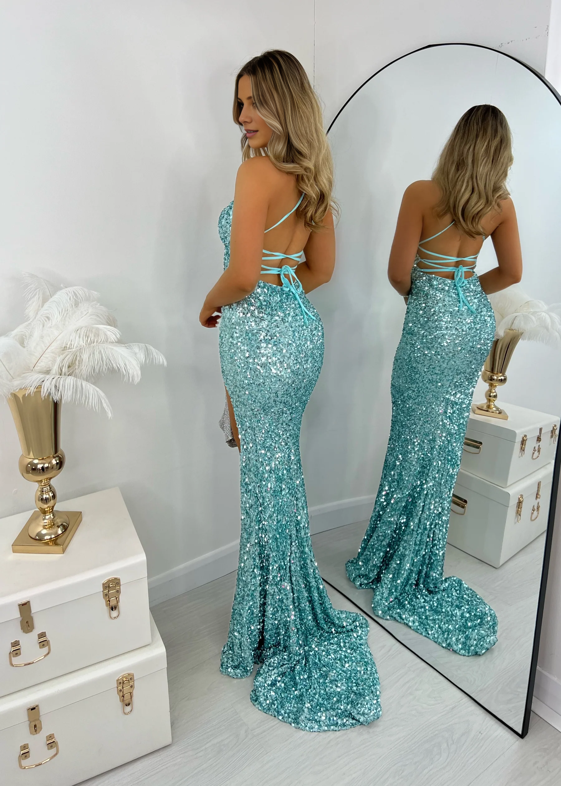 Jimiss deep V-neck sequin back strap side slit long Prom dress